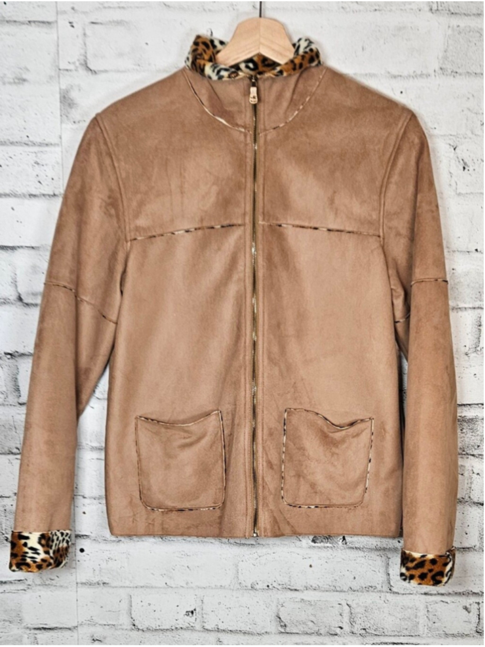 An Lieu Reversible Faux Suede Jacket Leopard Print Brown Full Zip